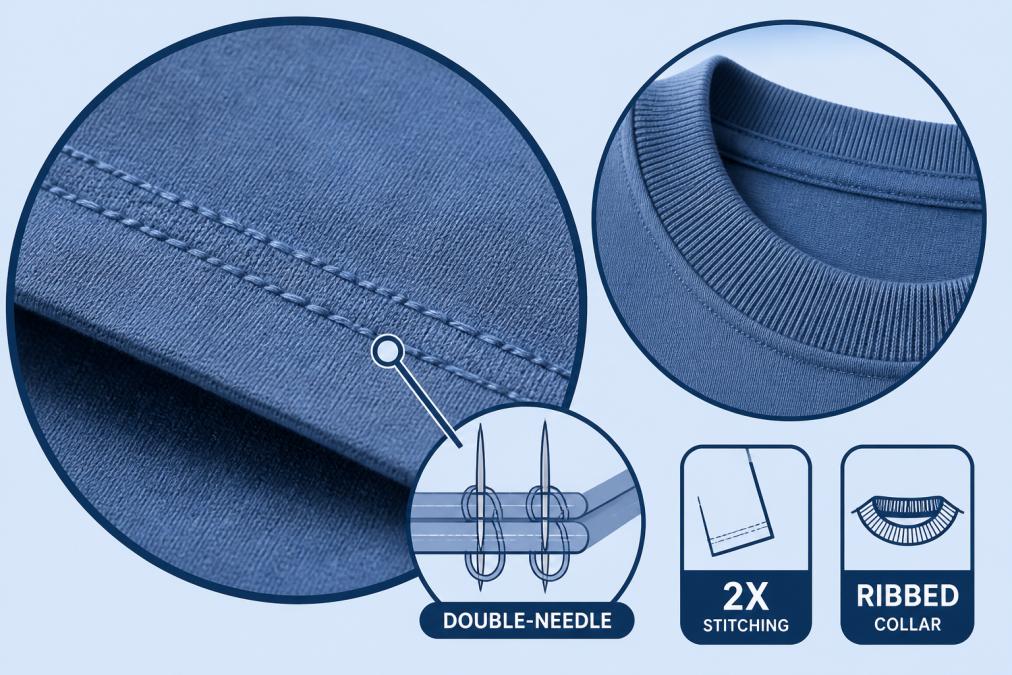 Close-up of double-needle stitching on a shirt seam showing parallel threads and reinforced hem construction, with ribbed collar detail visible in soft natural lighting