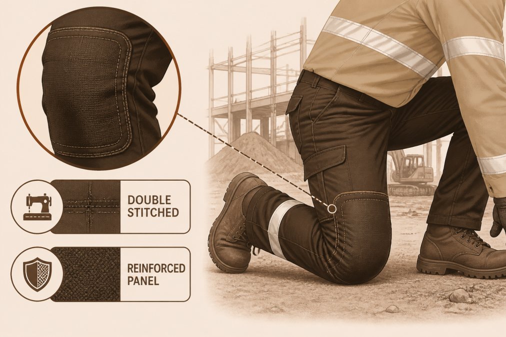 Close-up of reinforced knee area on work pants showing double-stitched seams and reinforced fabric panels, with a worker kneeling on a construction site wearing the pants