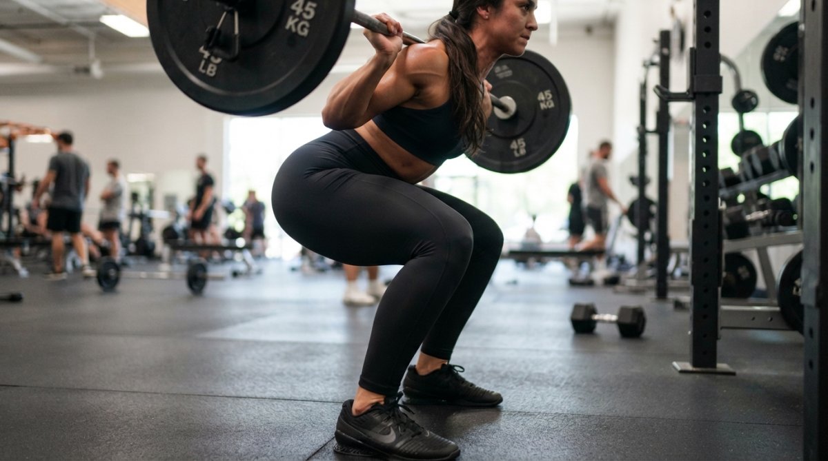 Close-up of a woman's muscular legs in compression leggings during a heavy barbell squat, showing proper muscle engagement and the supportive fit of the compression fabric