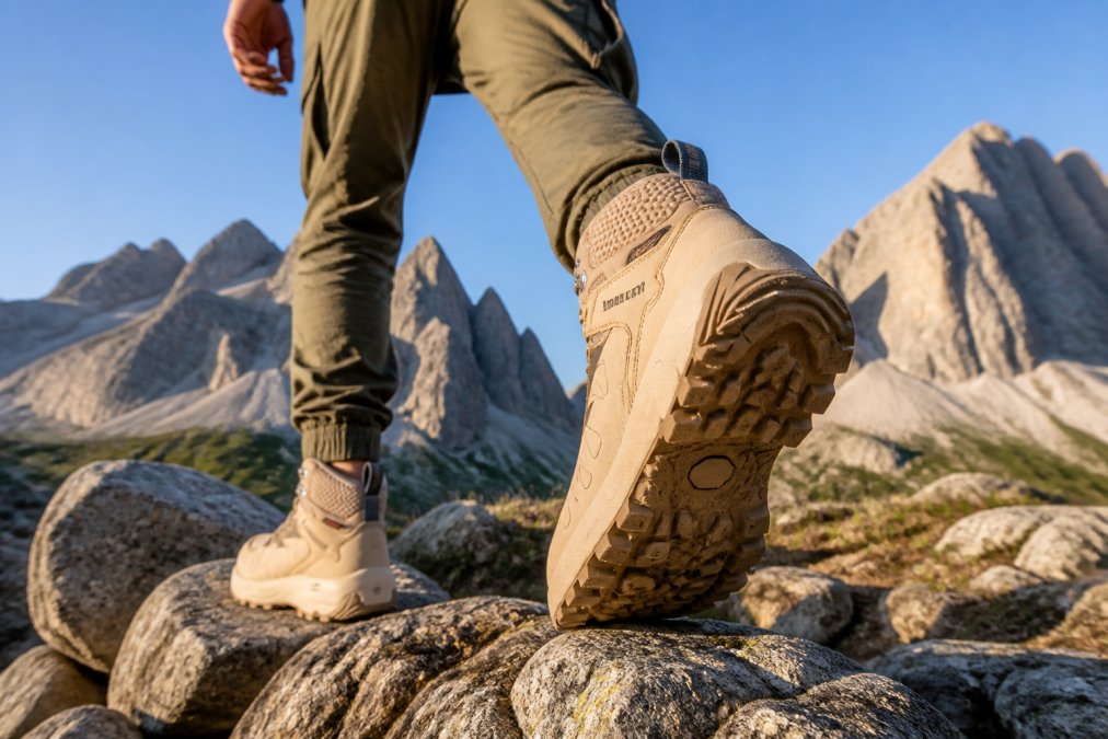 Backpacker wearing durable ROCKROOSTER hiking boots with visible VIBRAM sole tread walking across a boulder field on a mountain trail, rocky peaks visible in background, morning light