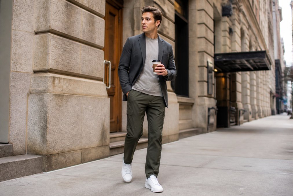Young professional wearing technical hiking pants styled with a casual blazer and minimalist white sneakers, walking through an urban street with coffee in hand, showing seamless transition from outdoor aesthetic to city fashion with neutral color palette and refined proportions