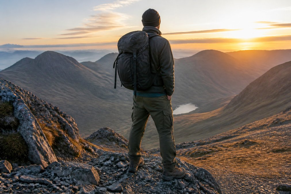 A man in durable hiking pants and a fleece jacket standing on a rocky mountain trail, looking out over a valley at sunrise, wearing a backpack and hiking boots