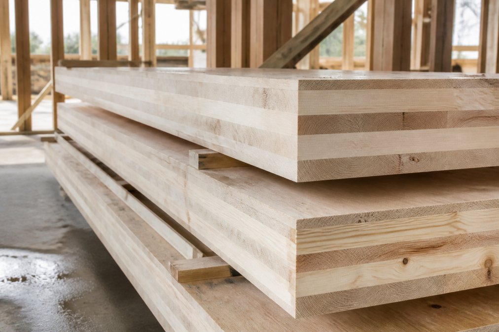 Close-up of cross-laminated timber panels stacked on a construction site, showing the layered cross-grain structure and precision-cut edges with natural workshop lighting