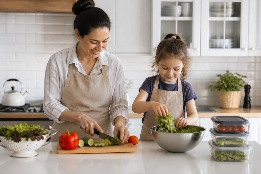 Parent and child preparing fresh vegetables together in a bright, modern kitchen with organized prep tools, sealed storage containers, and a clean countertop