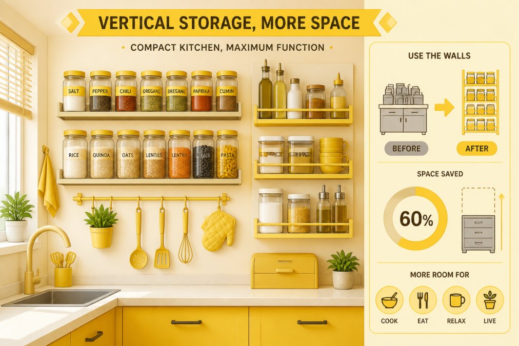 Compact apartment kitchen with wall-mounted sealed jars and shelf organizers displaying organized spices, grains, and kitchen essentials, showing how vertical storage keeps a small space functional and clutter-free