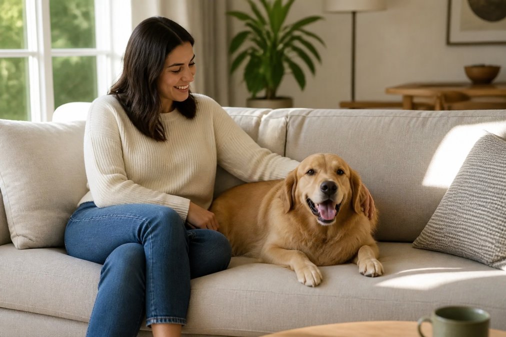 Pet owner sitting on a durable, stain-resistant sofa with a large golden retriever resting beside them in a bright living room with natural sunlight streaming through windows, showing the furniture in actual use