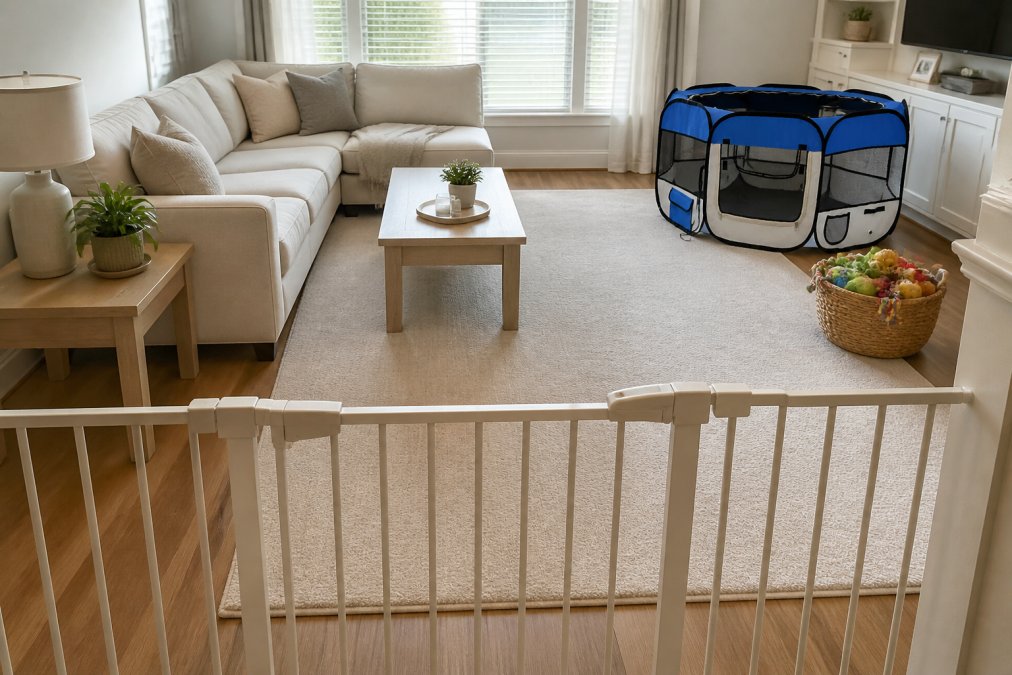 Bright, organized living room with a safety gate positioned at the entrance, a washable area rug in neutral tones covering the main floor, a foldable dog playpen visible in one corner, and pet toys organized in a basket, demonstrating practical pet-proofing in action