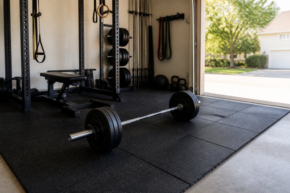 A garage gym corner with black interlocking rubber tiles laid over sealed concrete, a loaded barbell resting on the floor, and an open garage door letting in afternoon light