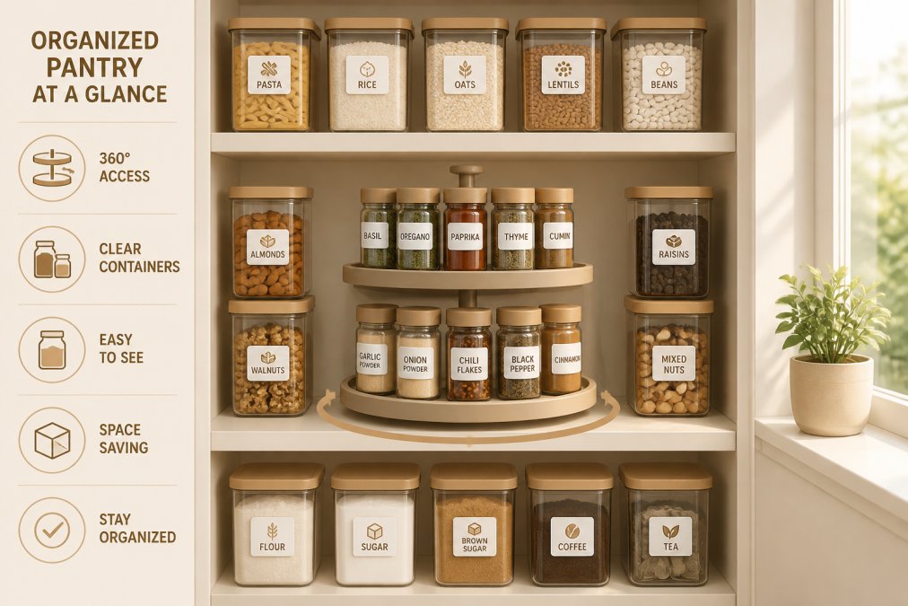Kitchen pantry shelf with a double-layer rotating spice rack in the center, surrounded by organized clear containers and glass jars, with natural lighting from a window showing the organized layout clearly