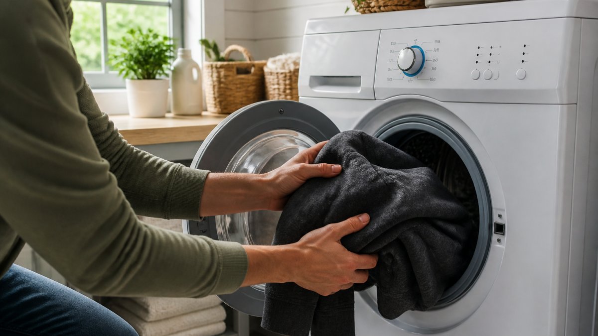 Person's hands placing a pullover hoodie into a washing machine with cold water setting visible on the dial, modern laundry room with natural light