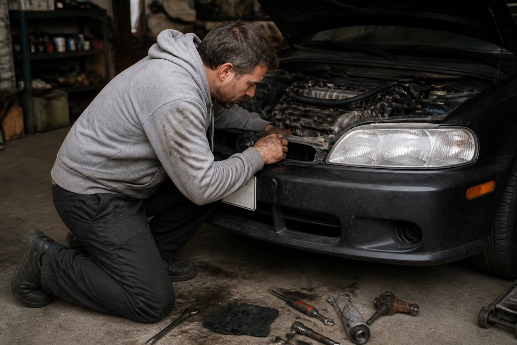 A mechanic kneeling beside an open car hood in a dim garage, wearing a thick grey hoodie with grease marks on the sleeves, tools scattered on the floor nearby
