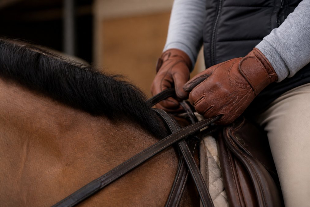 Rider holding leather reins wearing durable horse riding gloves while standing by a horse in a sunlit barn.