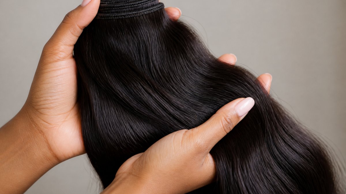 Close-up of a woman's hands holding a soft, full human hair weft bundle against a neutral background, showing natural texture and shine