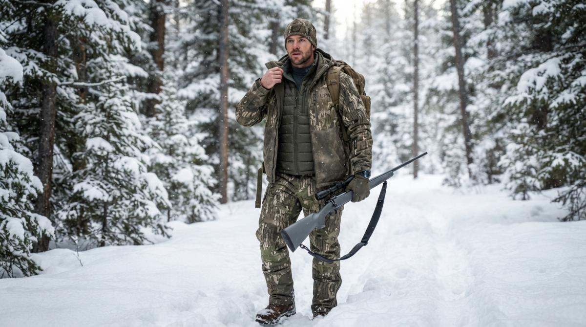 Professional illustration showing hunter and full and cold concepts for durable hunting gear for cold weather