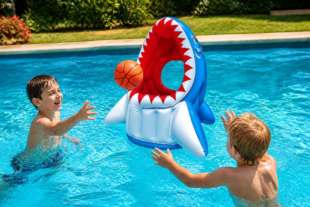 Two children laughing and tossing colourful bean bags at a bright inflatable frog cornhole board floating in a sun-lit backyard swimming pool, water splashing around their arms