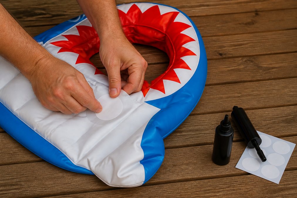 Close-up of an adult's hands pressing a circular PVC repair patch firmly onto a deflated inflatable pool toy laid flat on a dry wooden deck, a small repair kit with patches and adhesive visible to the side