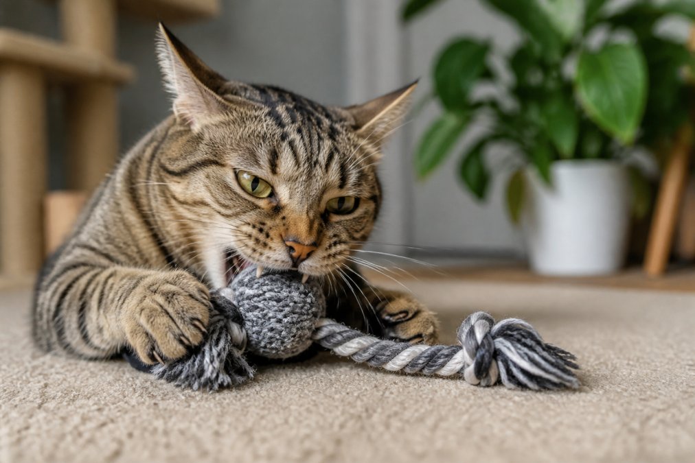 Tabby cat mid-pounce on a sturdy toy, teeth visible and claws extended, showing vigorous aggressive play behavior in bright natural light