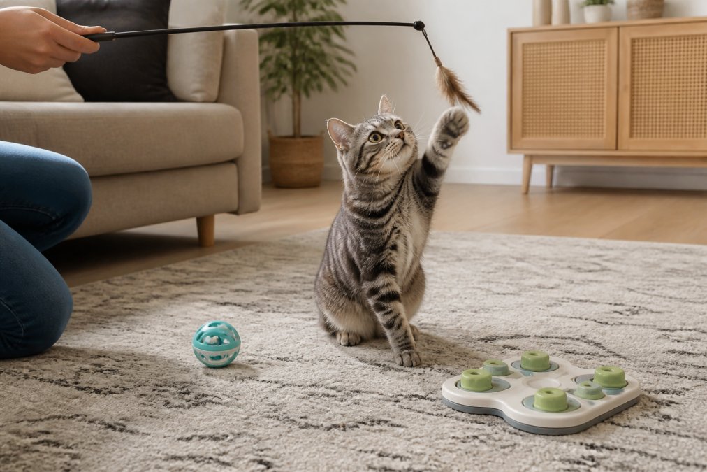 Infographic showing a cat engaging with durable interactive toys to promote healthy indoor play and stimulation.