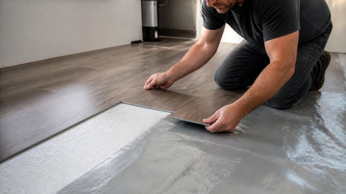 Professional installer positioning woven vinyl plank flooring over moisture barrier and underlayment on RV subfloor, hands carefully aligning tongue-and-groove edges in bright workshop lighting