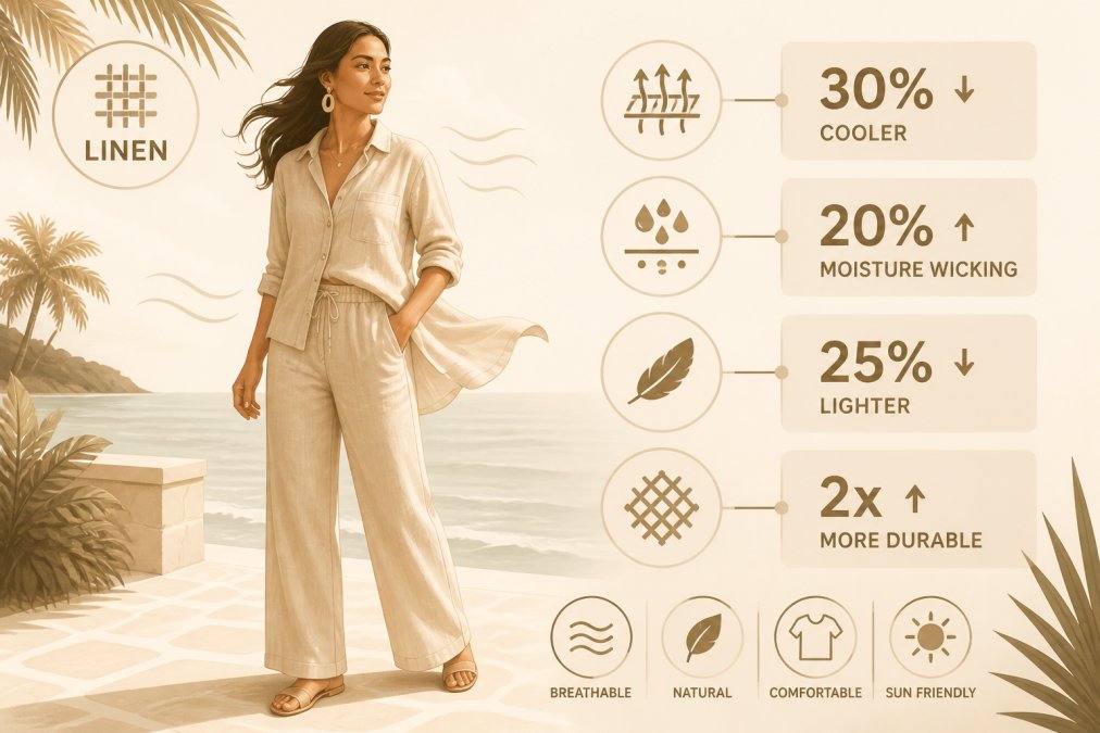 Woman wearing breathable linen resort wear standing in tropical oceanside setting with warm breeze, showing movement and comfort in lightweight fabric