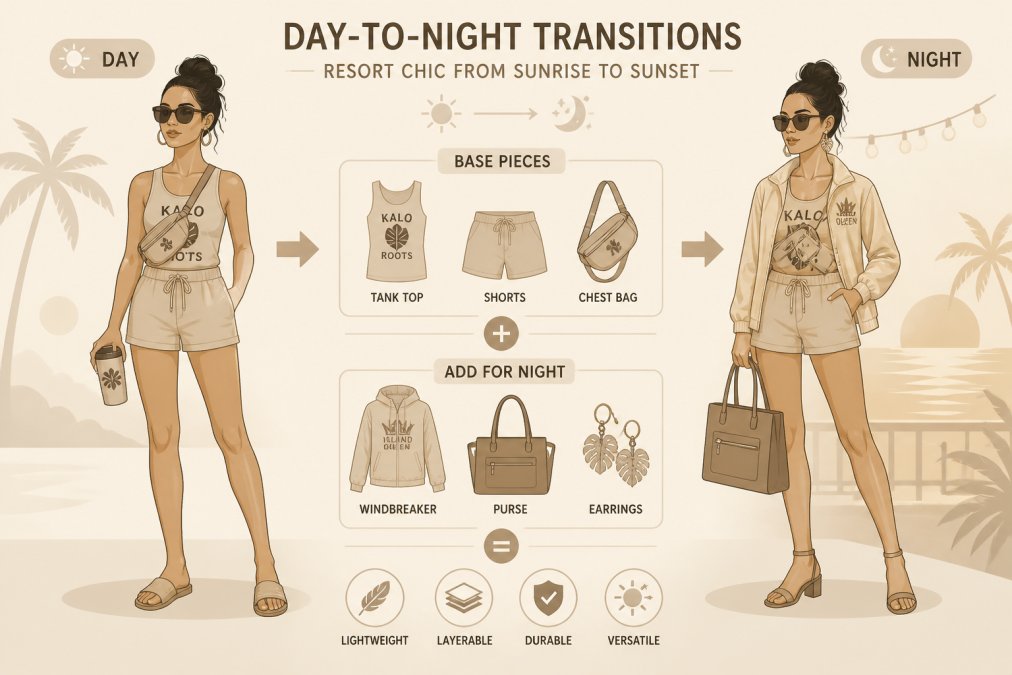 Woman styled in casual island outfit during bright daytime, then transitioned to evening resort wear with same base pieces, showing versatility and layering