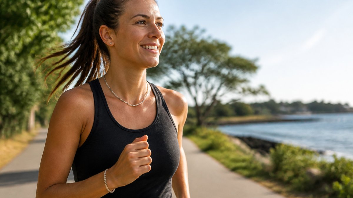 Woman wearing lightweight stainless steel necklace and bracelet while running outdoors on a sunny morning, jewelry catching natural light as she moves