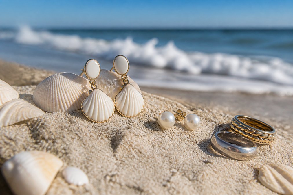 Close-up of various coastal jewelry pieces including shell earrings, pearl studs, and metal rings displayed on sand with ocean waves and shells visible in the background, natural sunlight