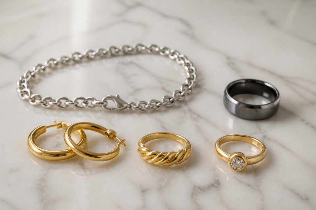 Flat lay of assorted jewelry pieces including gold rings, a silver bracelet, and a titanium band arranged on a white marble surface with soft natural lighting