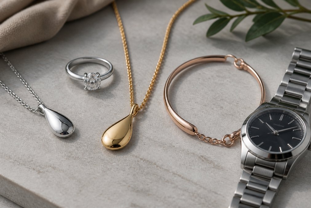 Close-up of various metal jewelry pieces, platinum ring with brilliant white luster, 18k yellow gold necklace with warm glow, rose gold bracelet with subtle pink tone, sterling silver pendant with bright reflective finish, and stainless steel watch with matte polish, arranged on a soft neutral surface with diffused natural lighting