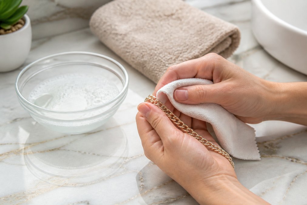 Hands gently polishing a gold chain bracelet with a soft cloth on a marble counter next to a bowl of soapy water.