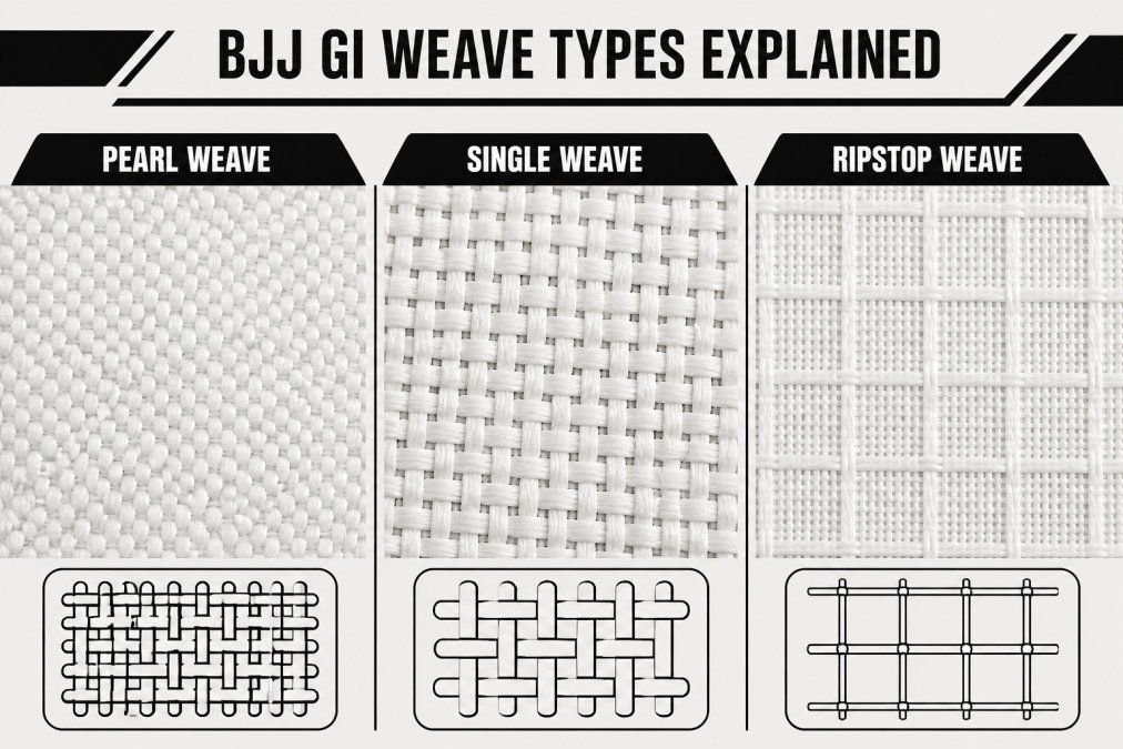 Close-up of different fabric weaves displayed side-by-side showing distinct texture differences between pearl weave with fine crosshatch pattern, single weave with looser thread structure, and ripstop with visible reinforced crosshatch grid