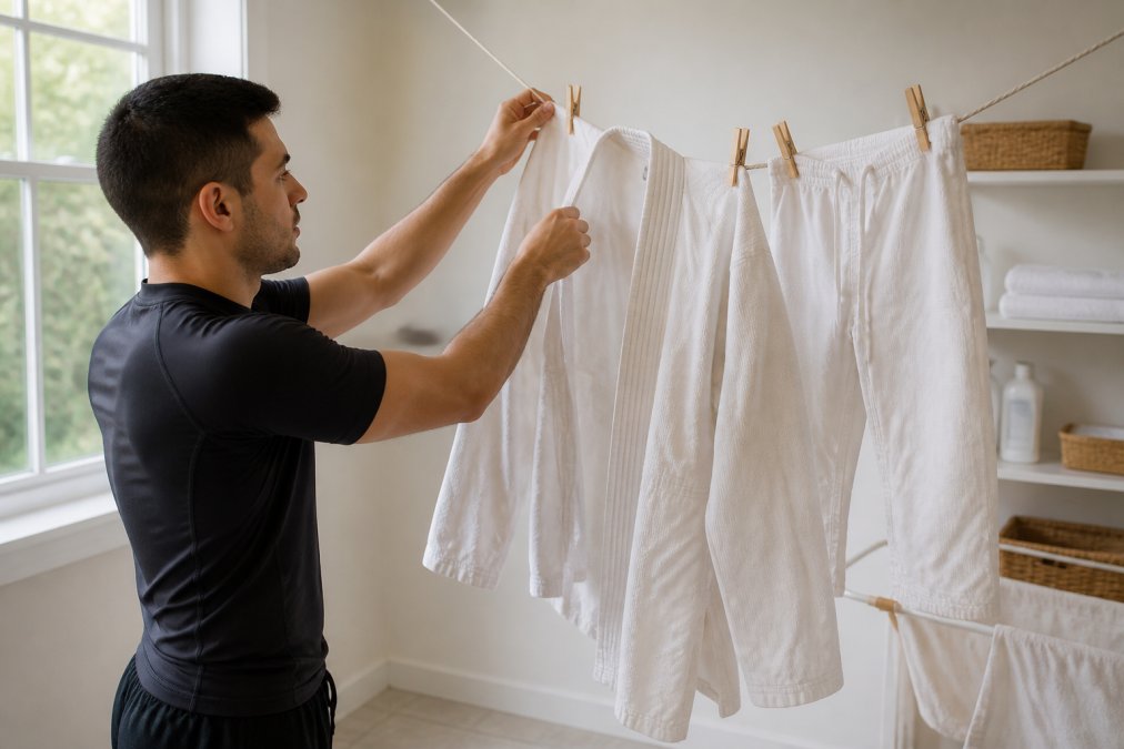 Martial artist hanging a damp jiu jitsu gi on a clothesline in a bright laundry room with natural window light, showing proper air-drying technique