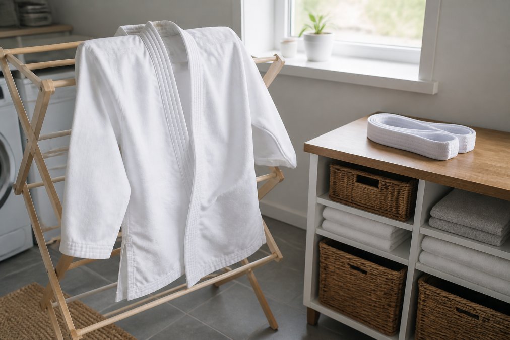 White martial arts uniform hanging to air-dry on a wooden rack with a folded belt on a nearby shelf