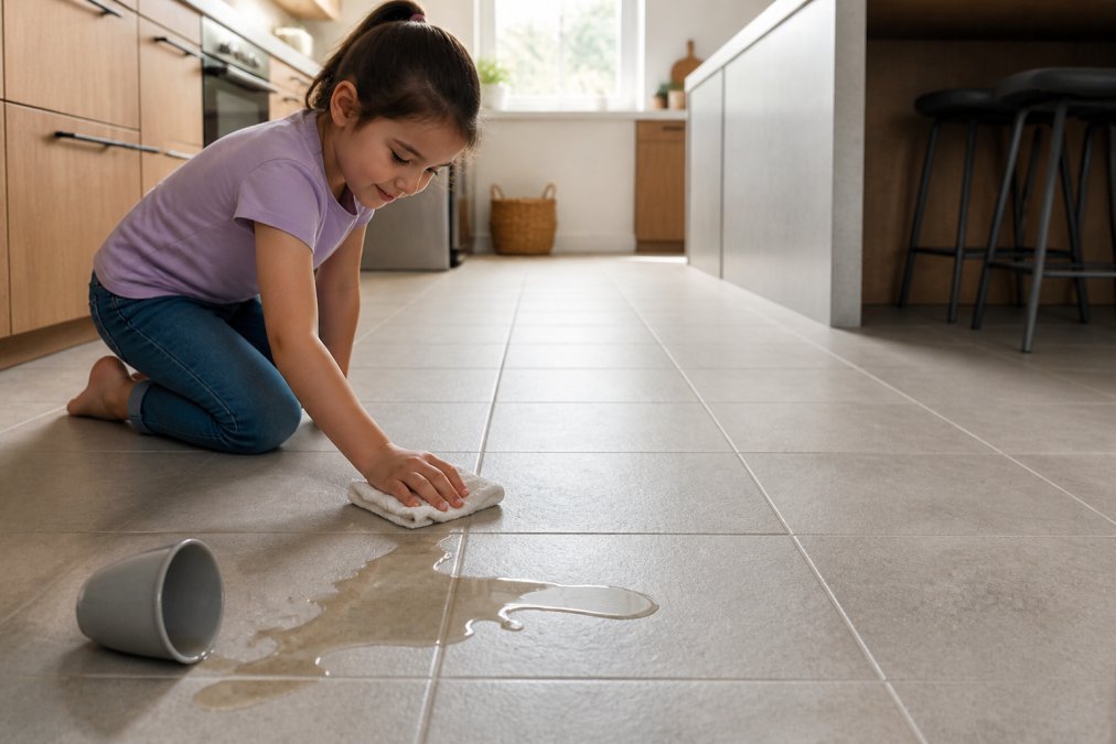A matte-finish porcelain tile kitchen floor with narrow grout lines, a child's spilled cup being wiped up, natural light, no visible brand logos