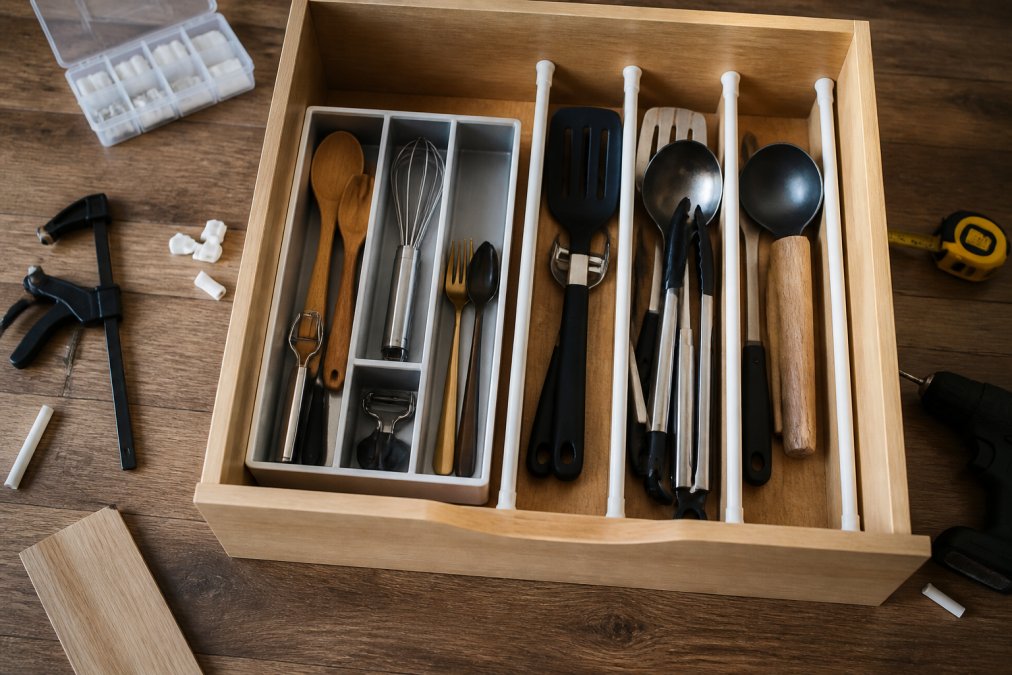 Organized apartment kitchen drawer with segmented dividers, utensils neatly sorted by type, and tension rods creating vertical sections in a wooden drawer