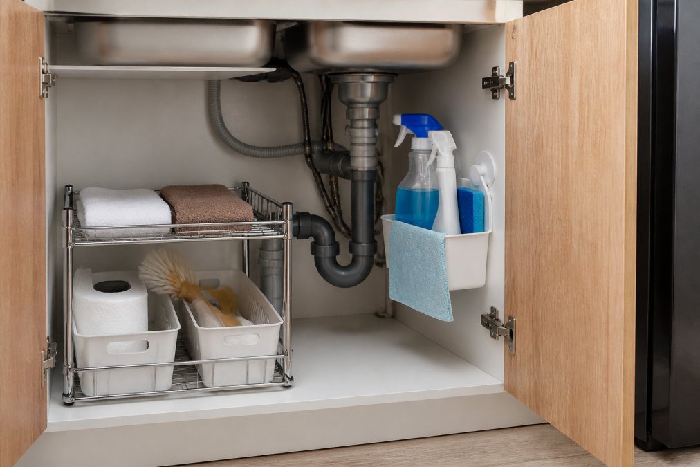Close-up of under-sink storage with suction-cup mounted organizer holding cleaning supplies, stainless steel sink rack visible above, compact apartment kitchen lighting