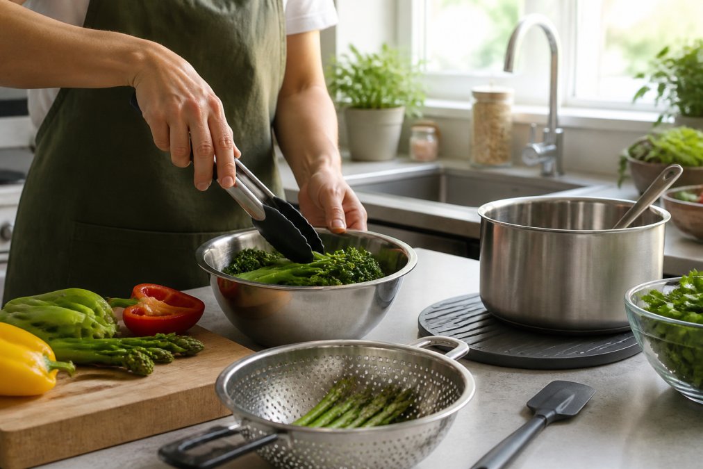 Close-up of hands using stainless steel kitchen tools and silicone accessories on a clean kitchen counter during vegetable prep, with natural morning light from a kitchen window