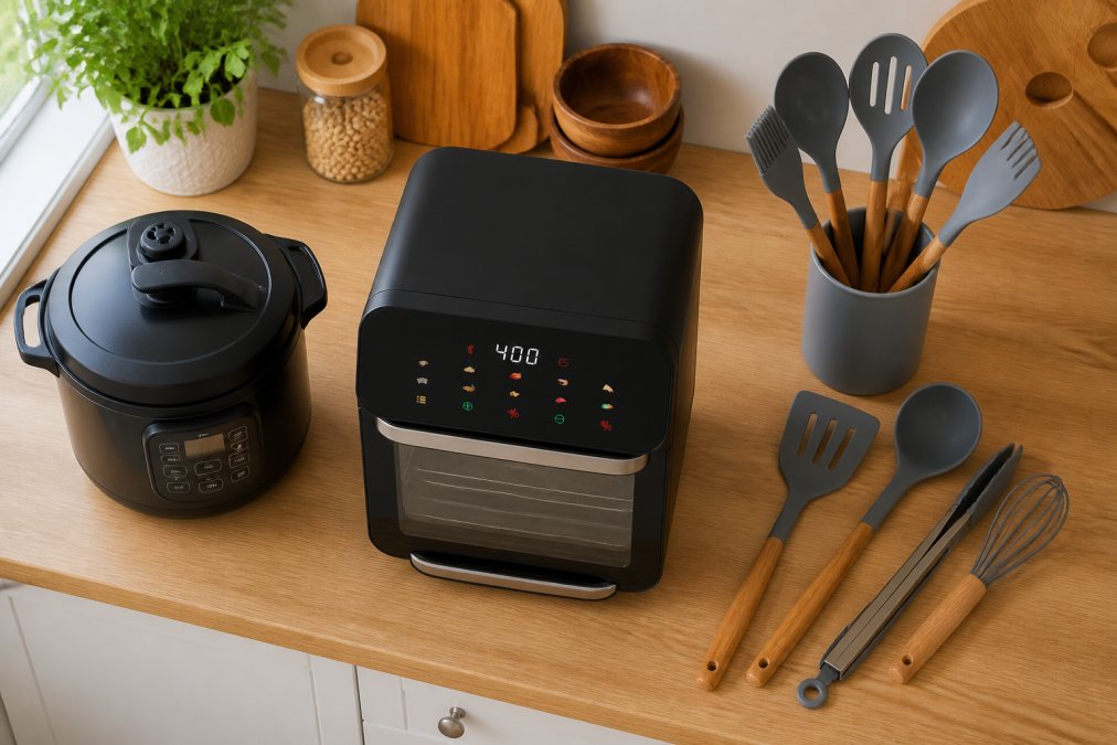 Overhead view of a small apartment kitchen counter with the Bluebow air fryer oven, pressure cooker, and silicone utensil sets neatly arranged on a compact surface, showing how multiple tools fit efficiently in tight space