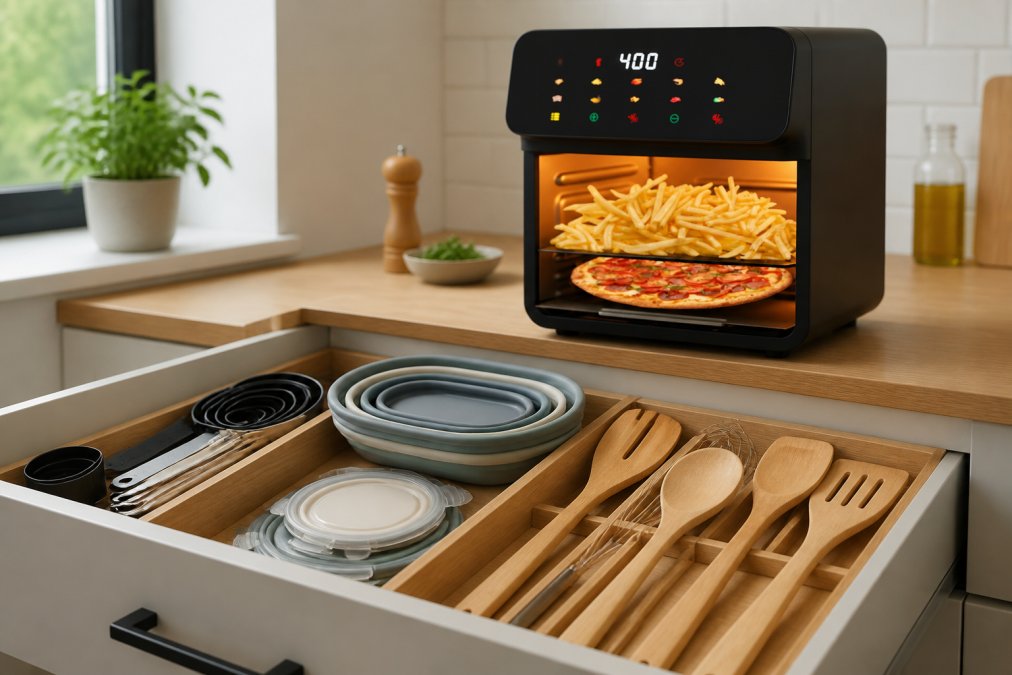 Close-up of organized kitchen drawer with nesting utensil sets, collapsible storage containers, and wooden utensils arranged vertically and compactly, demonstrating practical drawer organization in a small apartment kitchen