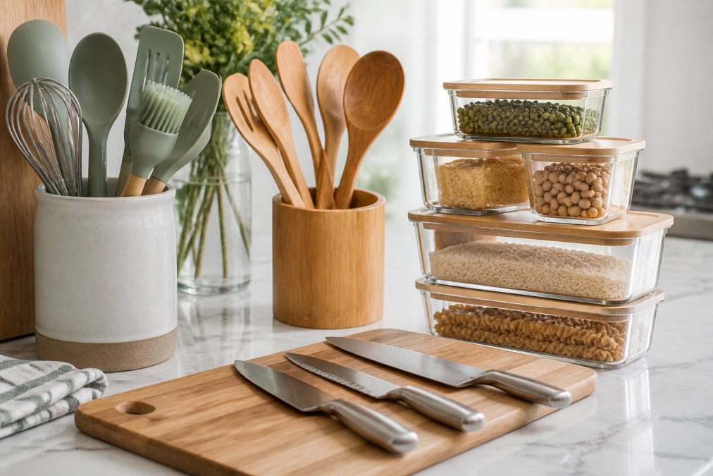 Well-organized kitchen counter with heat-resistant silicone utensils in a storage holder, natural wood spoons arranged alongside stainless steel chef knives, and clear airtight food storage containers displayed together on white marble countertop with morning natural light