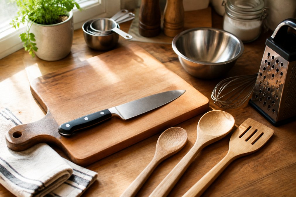 A flat lay of durable kitchenware including a chef's knife, wooden spoons, and cutting boards on a wooden counter.