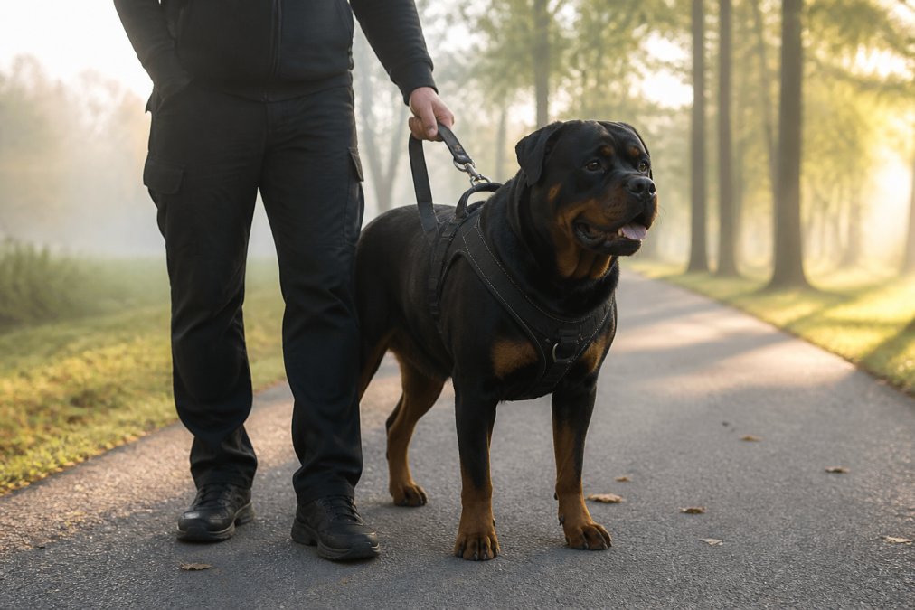 A large muscular Rottweiler wearing a heavy-duty padded harness and leash, standing calmly beside its owner on a paved walking trail, owner's hand gripping the traffic handle, soft morning light