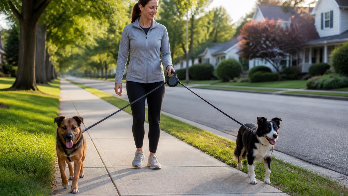 A person walking two medium-sized dogs on a dual retractable leash along a suburban sidewalk, both leads extended at different lengths with no tangling, morning light