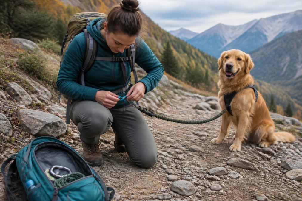 A hiker on a rocky trail adjusting the bungee section of a dog lead, dog waiting patiently, an open backpack pocket showing a small repair kit with a spare carabiner and cord