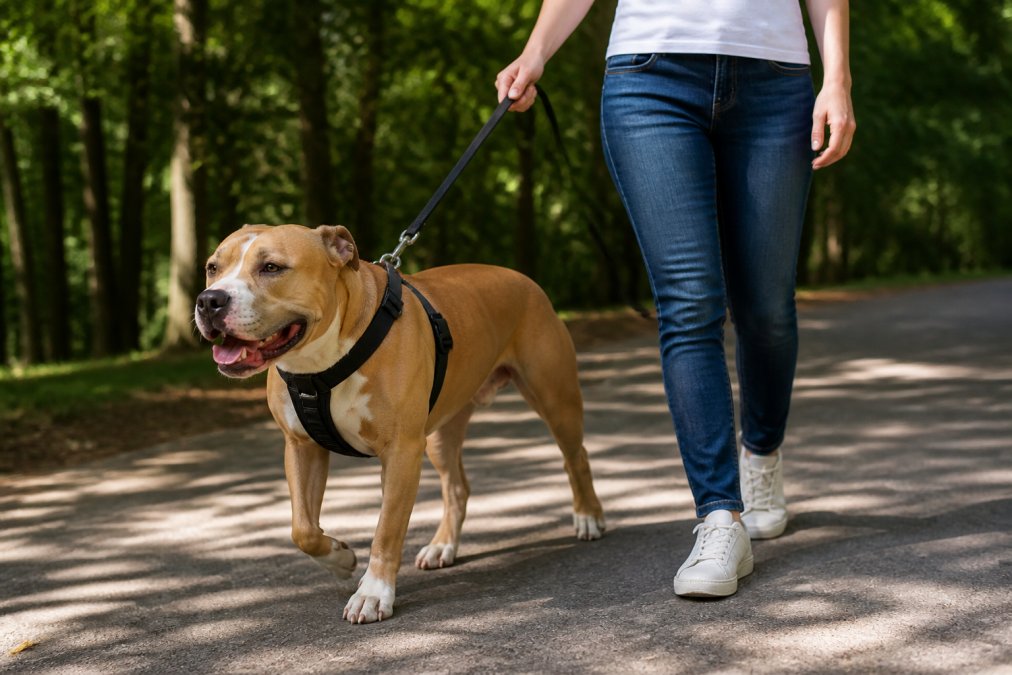 Strong muscular dog walking calmly beside owner using no-pull harness during daytime outdoor walk on tree-lined path, demonstrating controlled leash technique with relaxed body posture