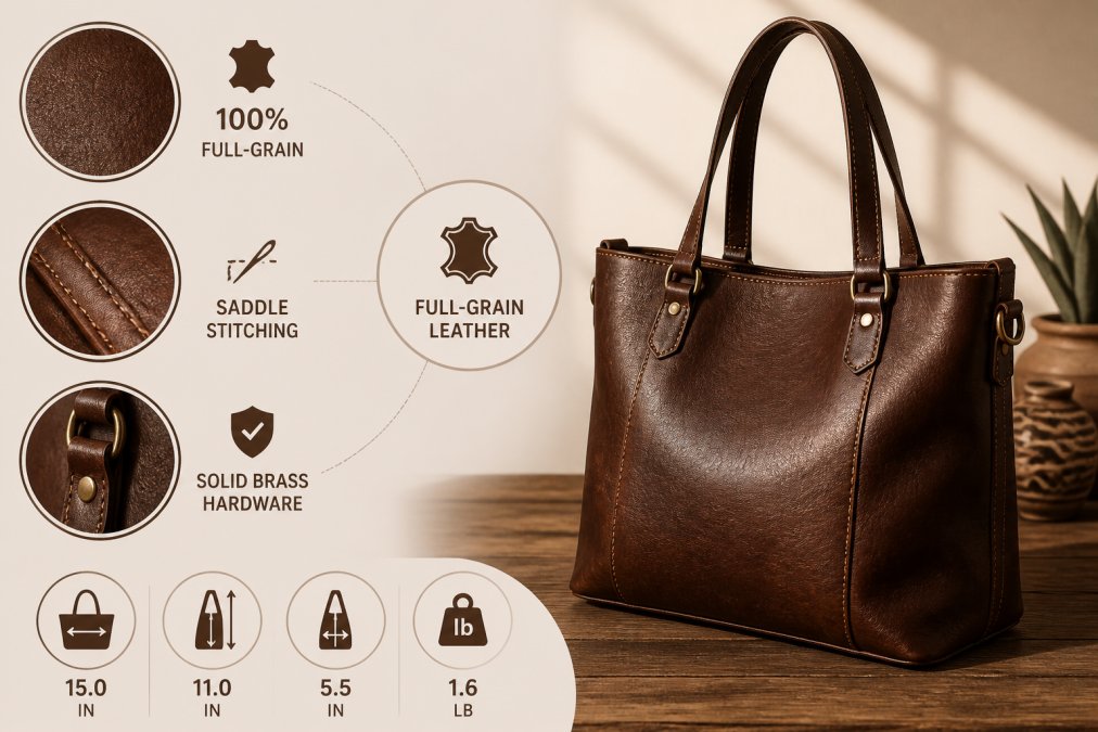 Close-up of a rich brown full-grain leather tote bag resting on a wooden table, showing visible grain texture, saddle stitching detail, and brass hardware in warm natural light