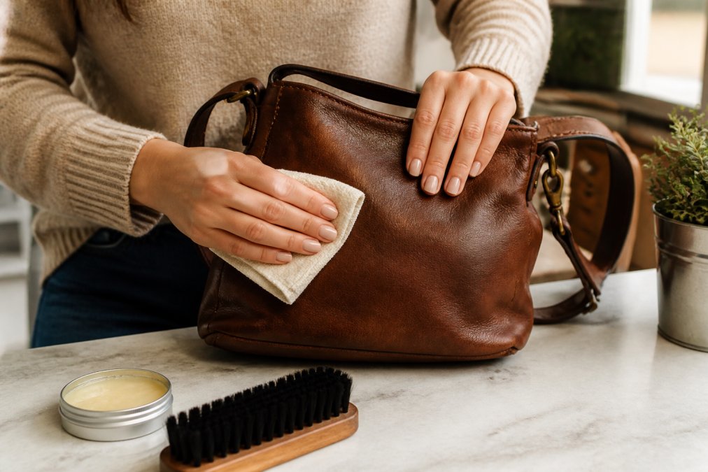 Woman's hands applying leather conditioner to a dark tan leather handbag with a soft cloth, small tin of conditioner and a brush visible on a clean surface beside the bag