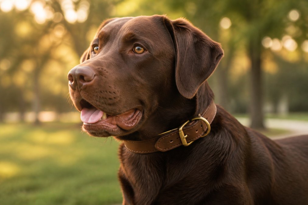 Close-up of a chocolate Labrador wearing a handsome full-grain leather collar with solid brass hardware, set against a softly blurred outdoor park background in golden hour light