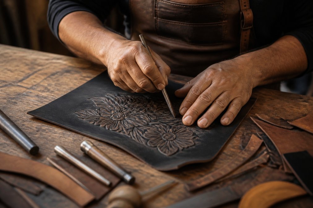 Artisan hand-tooling a floral pattern into leather for durable leather handbags on a wooden workbench