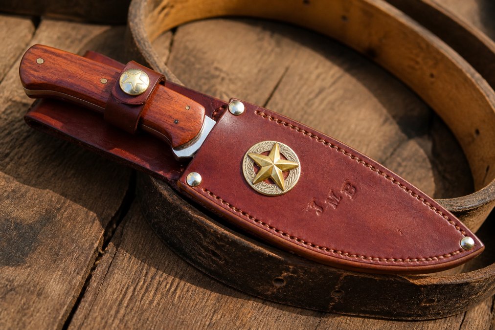 Close-up of a hand-stitched full-grain leather knife sheath resting on a worn leather belt, showing heavy-duty waxed thread, brass snap closure hardware, and rich dark brown leather texture under warm natural light